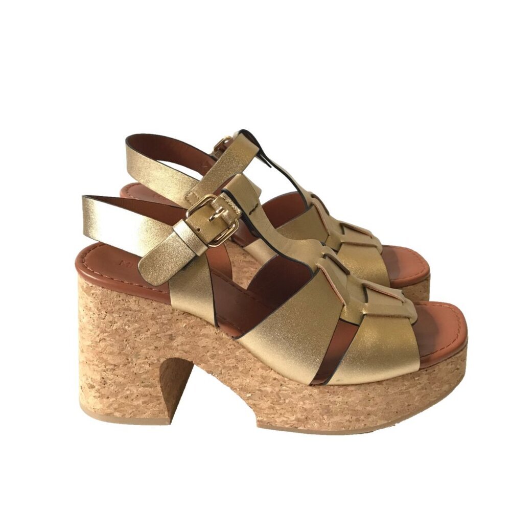 ME & EM T Bar Cork Platform Sandals Womens 41 11 Gold Leather Fisherman Heels - Picture 4 of 15